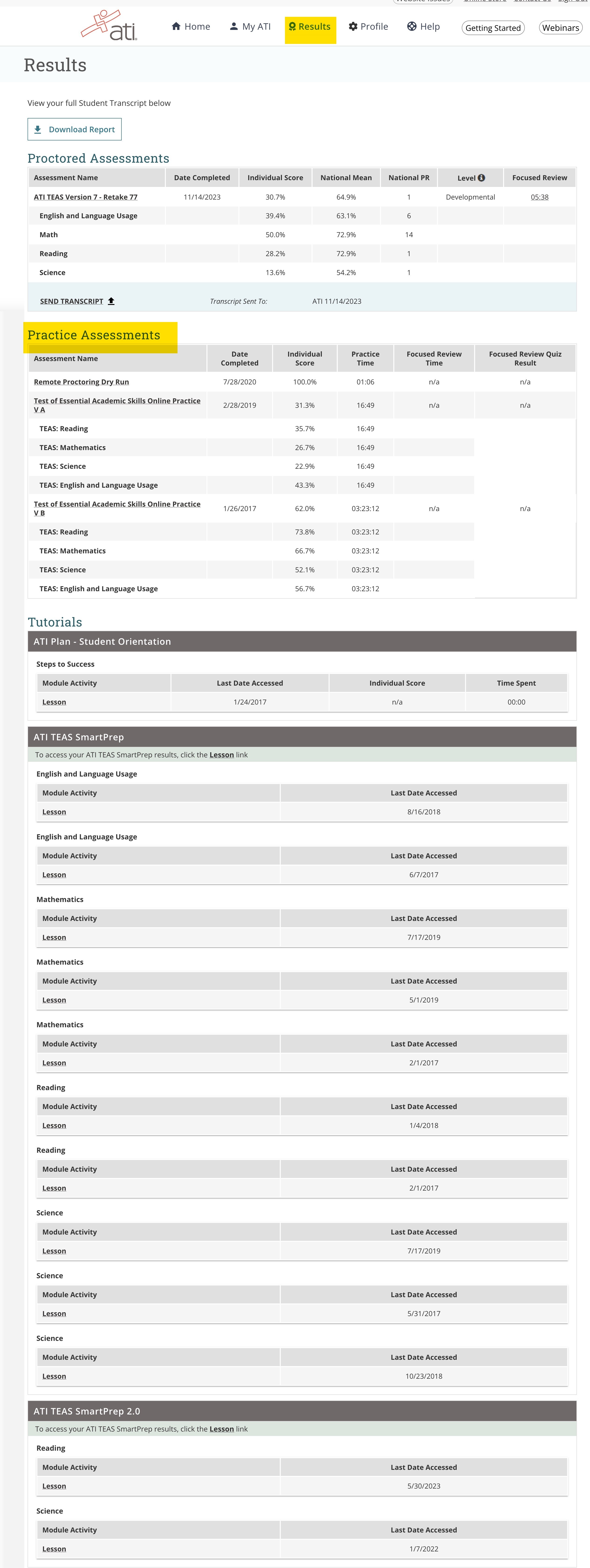 TEAS Results Page - Practice Tests